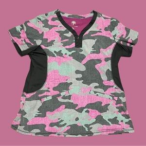 Healing Hands Camouflage Women's 2-Pocket STRETCH Zip Y-Neck Print Scrub Top